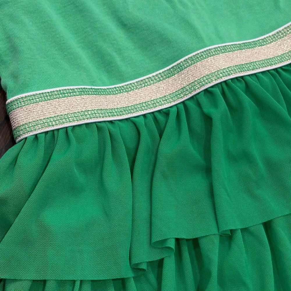 Hanna Andersson Ruffle Tiered Dress‎ Kids 90 3T Green Gold Sparkle Waist
